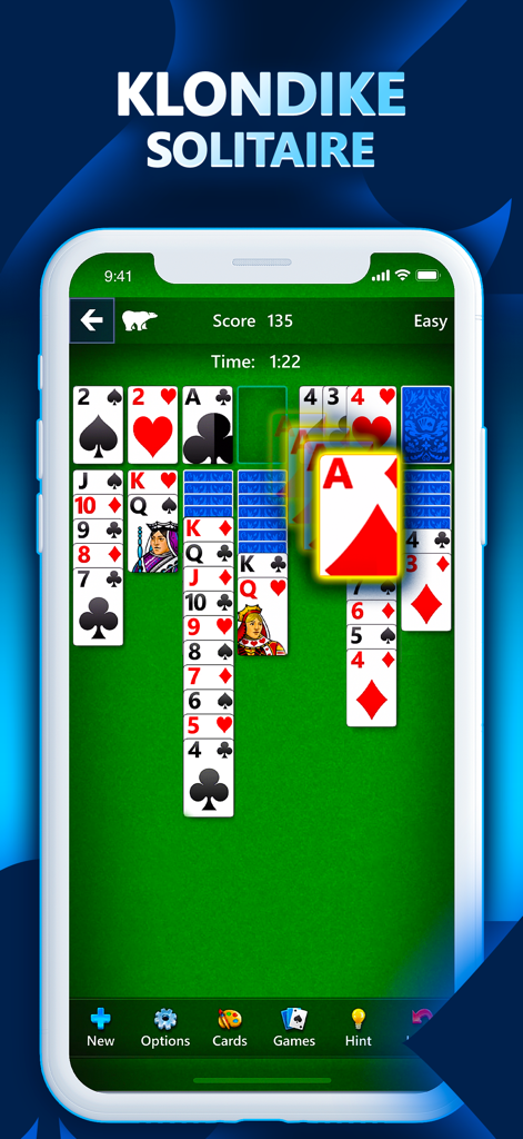 Jogabilidade de Klondike Solitaire no aplicativo móvel Microsoft Solitaire Collection
