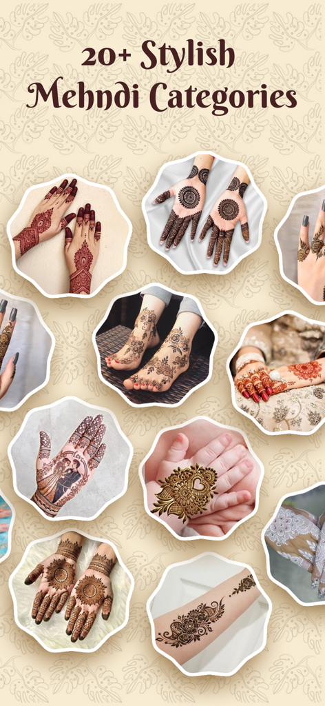 A collection of various mehndi and henna art categories for hands feet and arms