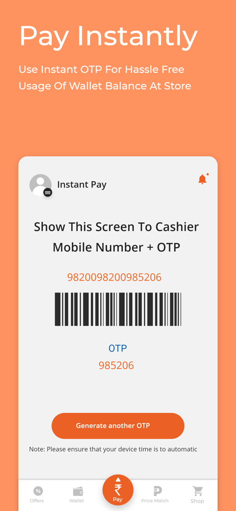 Future Pay - Future Pay app screen displaying a barcode and OTP for instant payment at retail stores
