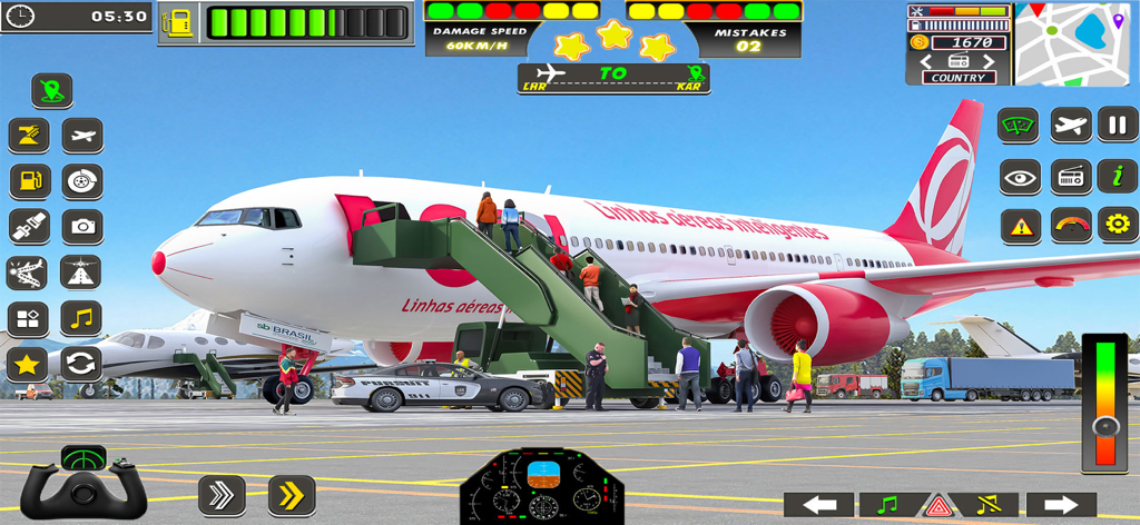 Sky Route Missions - In-game screenshot of a large commercial airplane with passengers boarding at an airport tarmac
