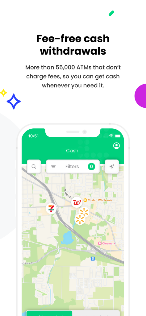 Seis: Cash Advance - Pantalla de la aplicación móvil que muestra un mapa con más de 55,000 ubicaciones de cajeros automáticos sin comisiones para usuarios de Seis.