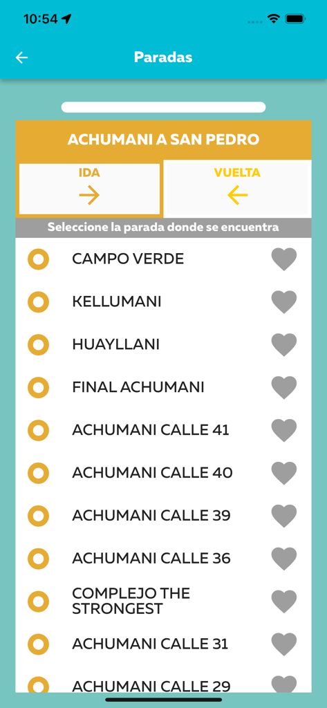 List of bus stops for the Achumani to San Pedro route on the App La Paz Bus mobile interface.