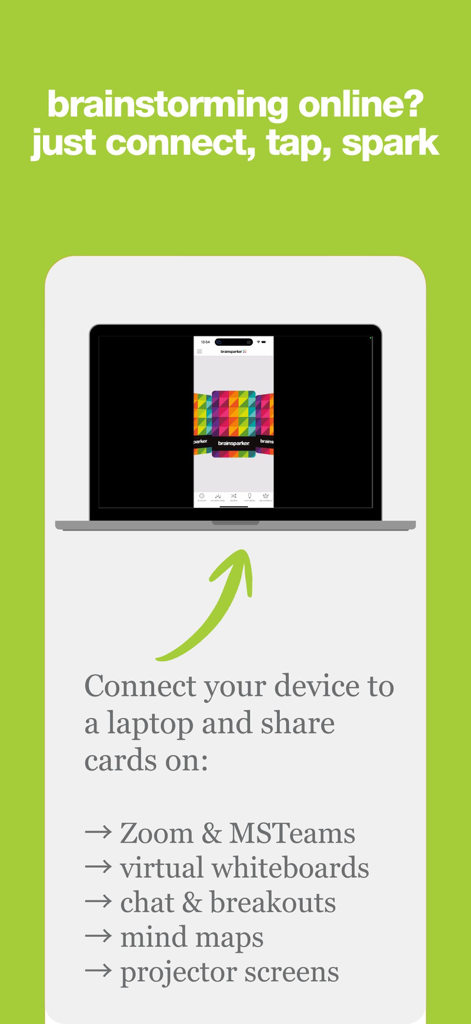 Brainsparker Creativity Coach - A smartphone screen being mirrored to a laptop for online brainstorming on platforms like Zoom and Microsoft Teams.