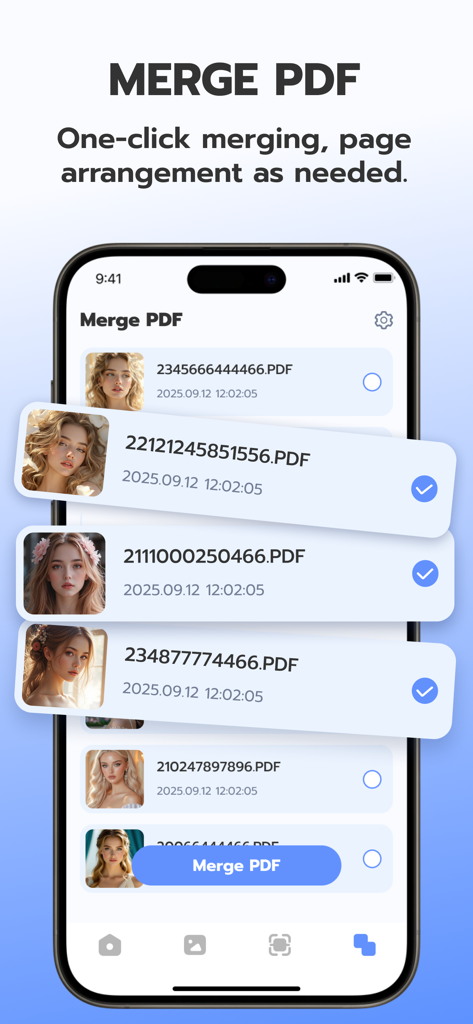 PDFスキャンアプリのインターフェース。選択されたドキュメントファイルでPDF結合機能が表示されています。