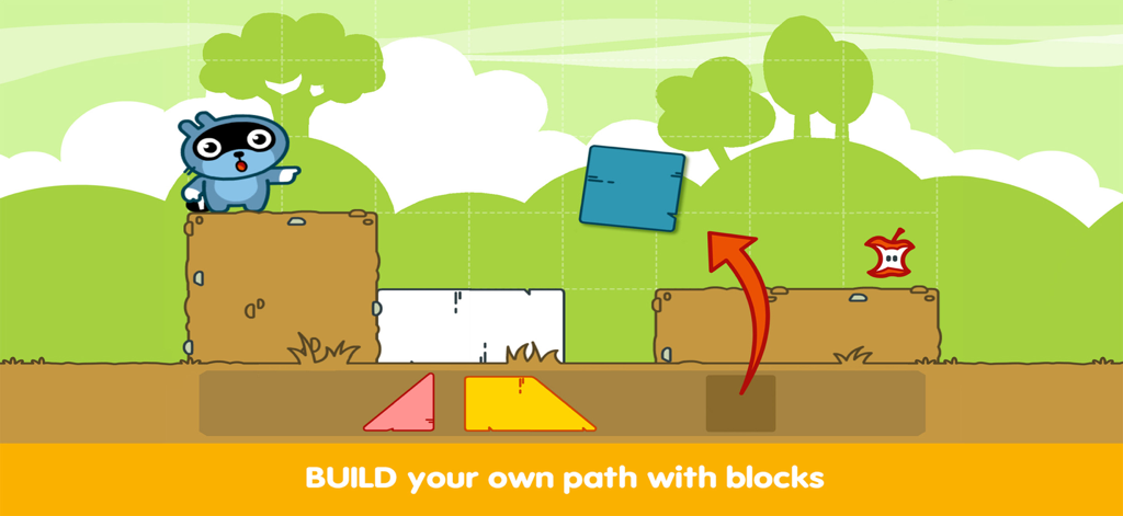 A blue raccoon character named Pango building a path across a gap using logic blocks