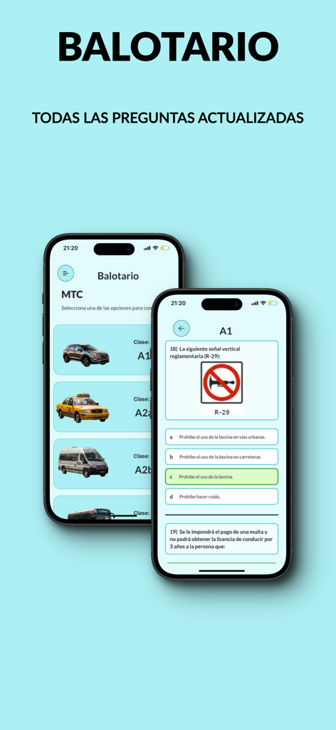 Simulacro MTC Perú 2025 - Interfaccia dell'app Simulacro MTC Perù 2025 che mostra le categorie di patenti di guida e le domande dell'esame di pratica