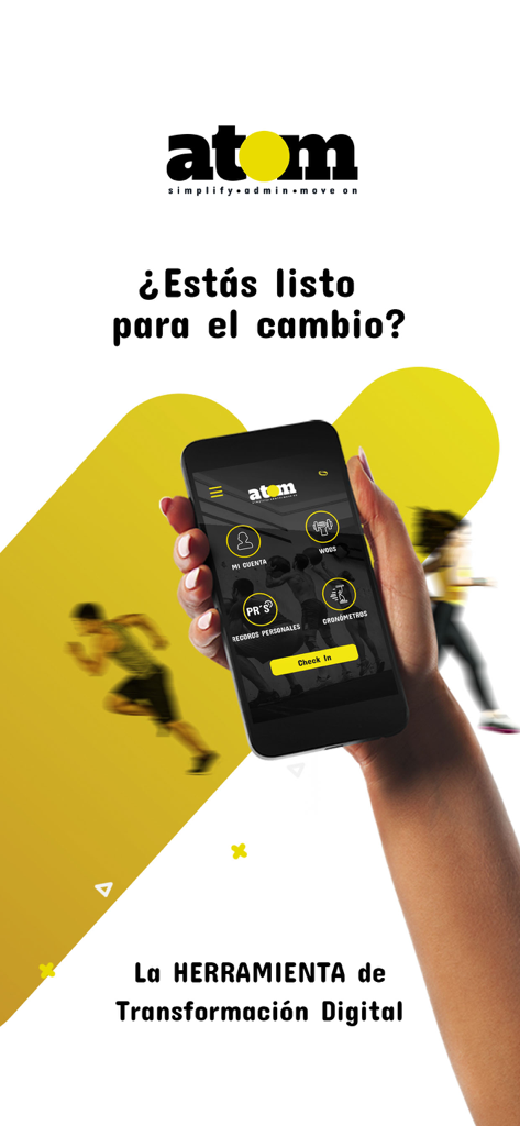 Atom - Atomフィットネスアプリのインターフェースがスマートフォン画面に表示され、ワークアウト追跡とチェックイン機能を示しています