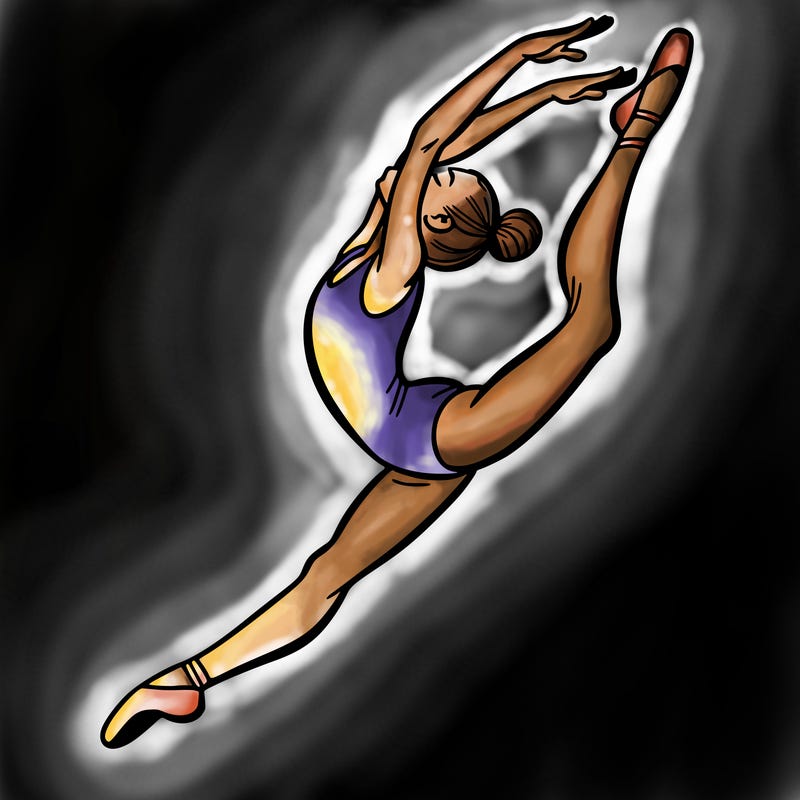 gymnast doing a leap in a leotard with a bent back leg