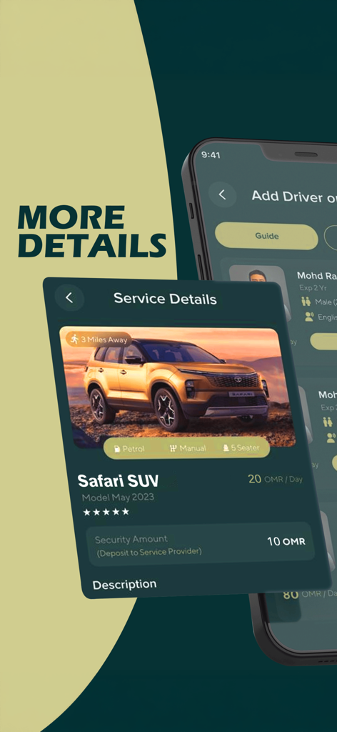 Safarjala - 価格と車両仕様付きのオマーンでのサファリSUVレンタルのサービス詳細を表示するSafarjalaアプリのスクリーンショット