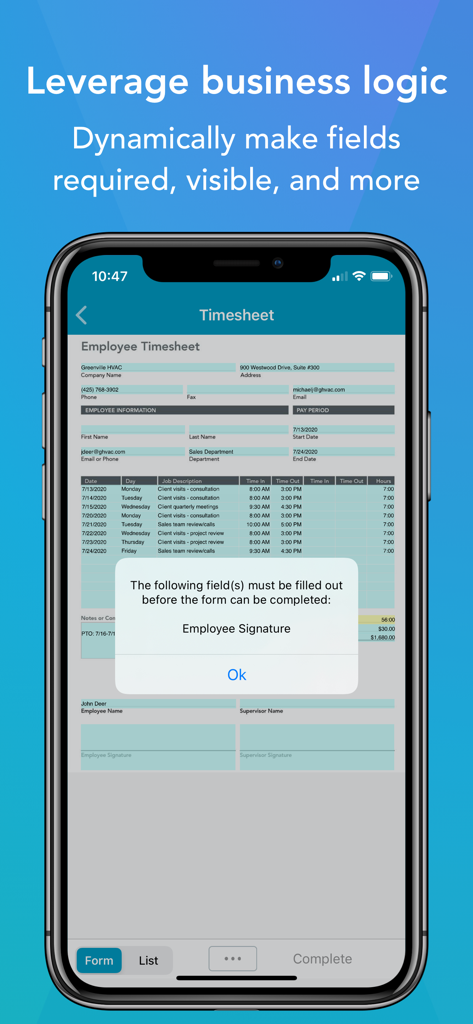 GoFormz Mobile Forms & Reports - GoFormz mobile app displaying a required field validation alert on a digital timesheet.