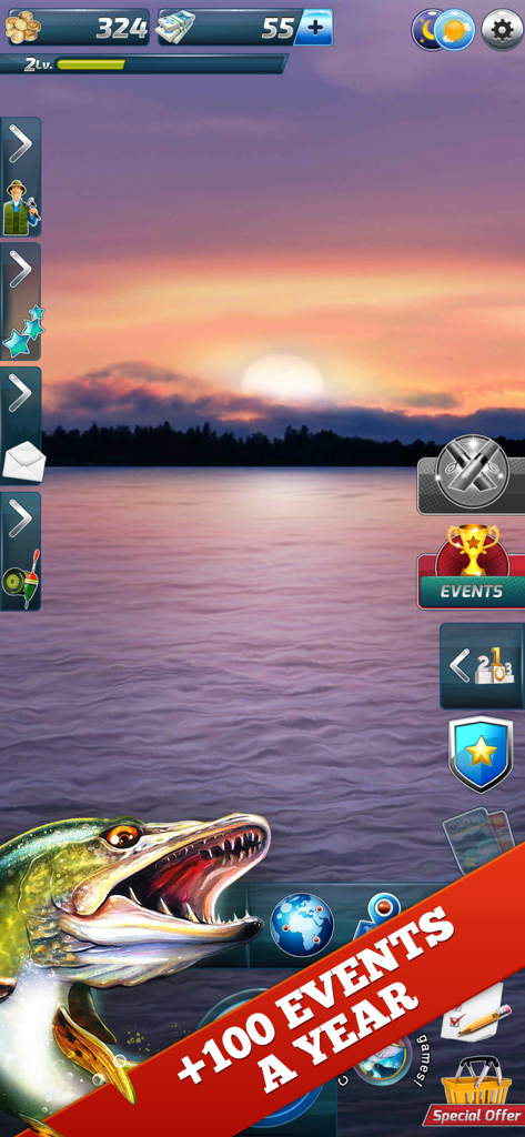 Una captura de pantalla del juego de pesca deportiva Let's Fish que muestra un gran lucio saltando de un lago al atardecer con un cartel que anuncia más de 100 eventos al año.