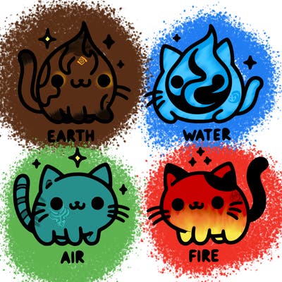 4 cats that represent the different elements, earth, water, air, and fire