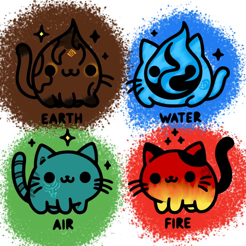 4 cats that represent the different elements, earth, water, air, and fire