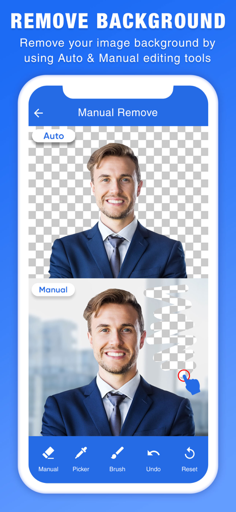 Screenshot of an app interface showing auto and manual tools for removing background from a passport photo