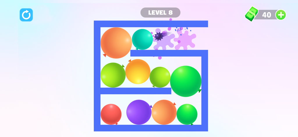 Thorn And Balloons - Jogabilidade de quebra-cabeça de física mostrando uma bola de espinhos estourando balões coloridos dentro de um labirinto em Thorn and Balloons.