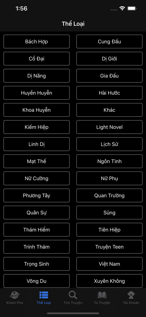 Truyện Full Đọc Truyện Offline - A grid list of Vietnamese novel genres in the Truyện Full app using dark mode.