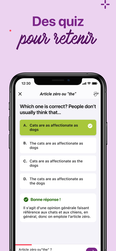 iPhone上のdigiSchool Educationアプリのクイズインターフェイス。英語の文法問題と、フランス語での正解の説明が表示されています。