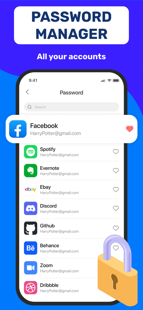 Authenticator App 2FA - Écran de smartphone affichant une liste de comptes gérés comme Facebook et Spotify dans la section Gestionnaire de mots de passe de l'application Authenticator.