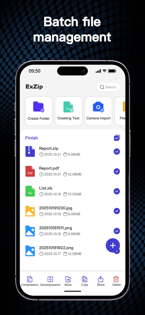 Zip, RAR, 7z File Extractor - 圧縮および整理ファイルのオプションを示すバッチファイル管理機能を備えたExZipアプリのスクリーンショット