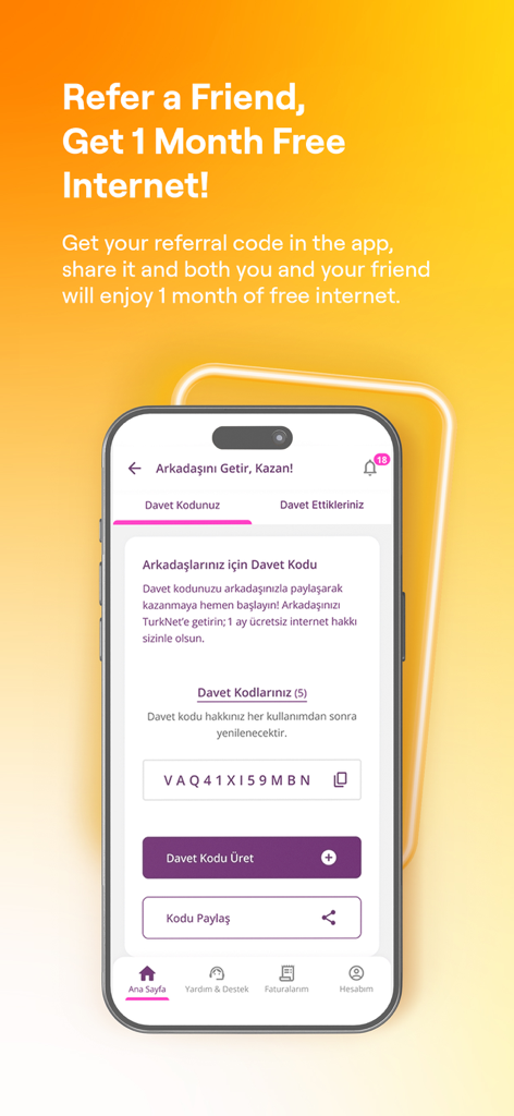 TurkNet app screen showing the refer a friend program for free internet