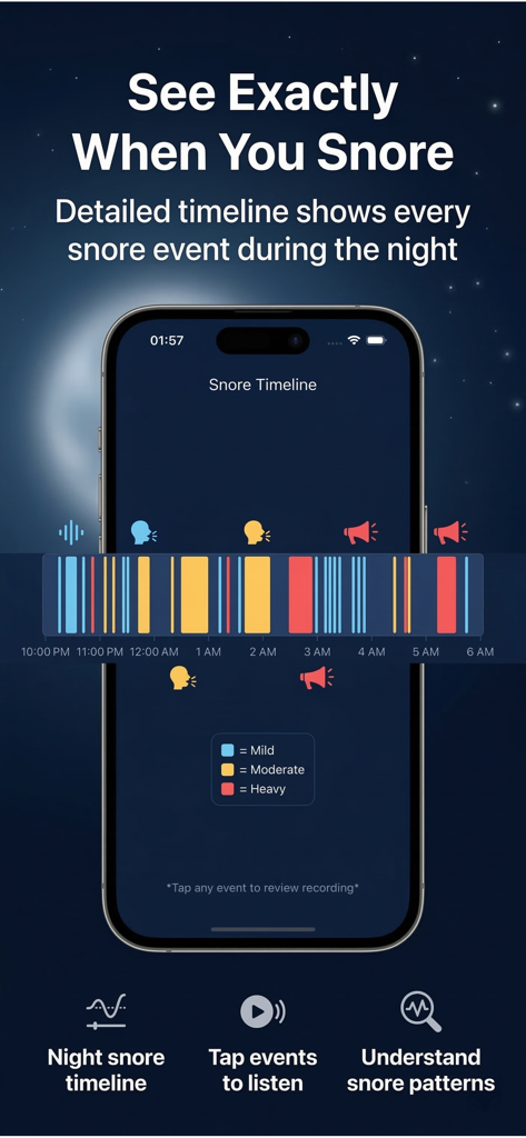 Snore Recorder,Sleep Tracker - Detailed night snore timeline on SnoreDetect app displaying mild moderate and heavy snoring events