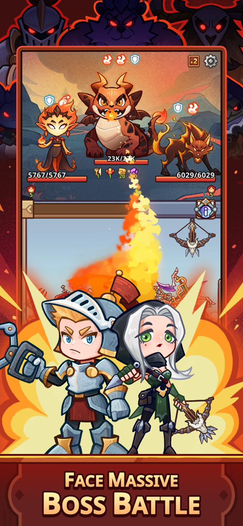 Claw Quest: Roguelike RPG - A knight and archer facing off against a dragon and fire monsters in a boss battle from Claw Quest Roguelike RPG