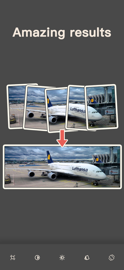 A demonstration of several overlapping photos of an airplane being combined into a single seamless panoramic image.