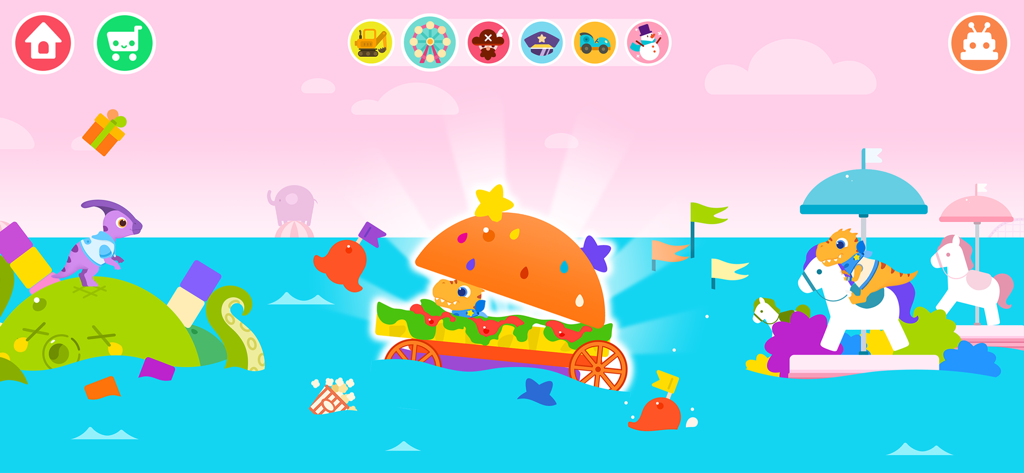 Des dinosaures jouent dans un monde aquatique coloré de parc d'attractions