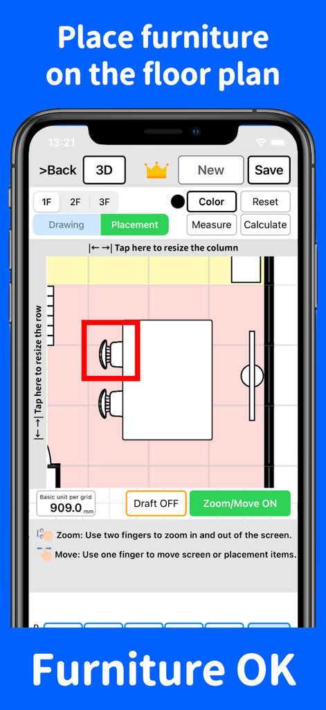 Floor Plan Creator - Madory - Ein Smartphone-Bildschirm, der die Madory App-Oberfläche zum Platzieren und Simulieren von Möbeln in einem 2D-Grundriss zeigt.