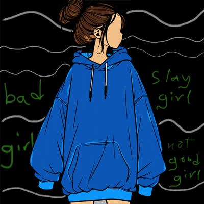 realistic girl with a oversized sweatshirt on and a bun