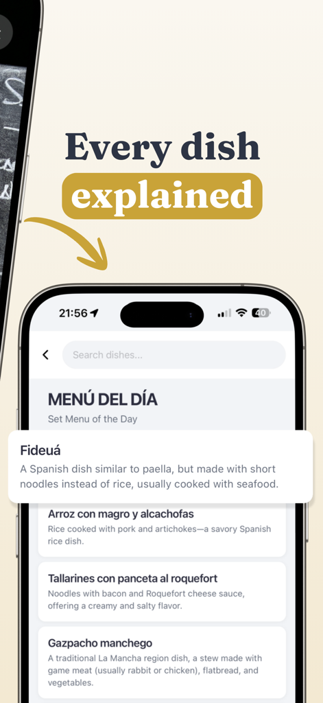 Menu Translator App - Pantalla de un smartphone que muestra la aplicación Traductor de Menús con explicaciones detalladas para elementos de menú españoles como Fideuà.