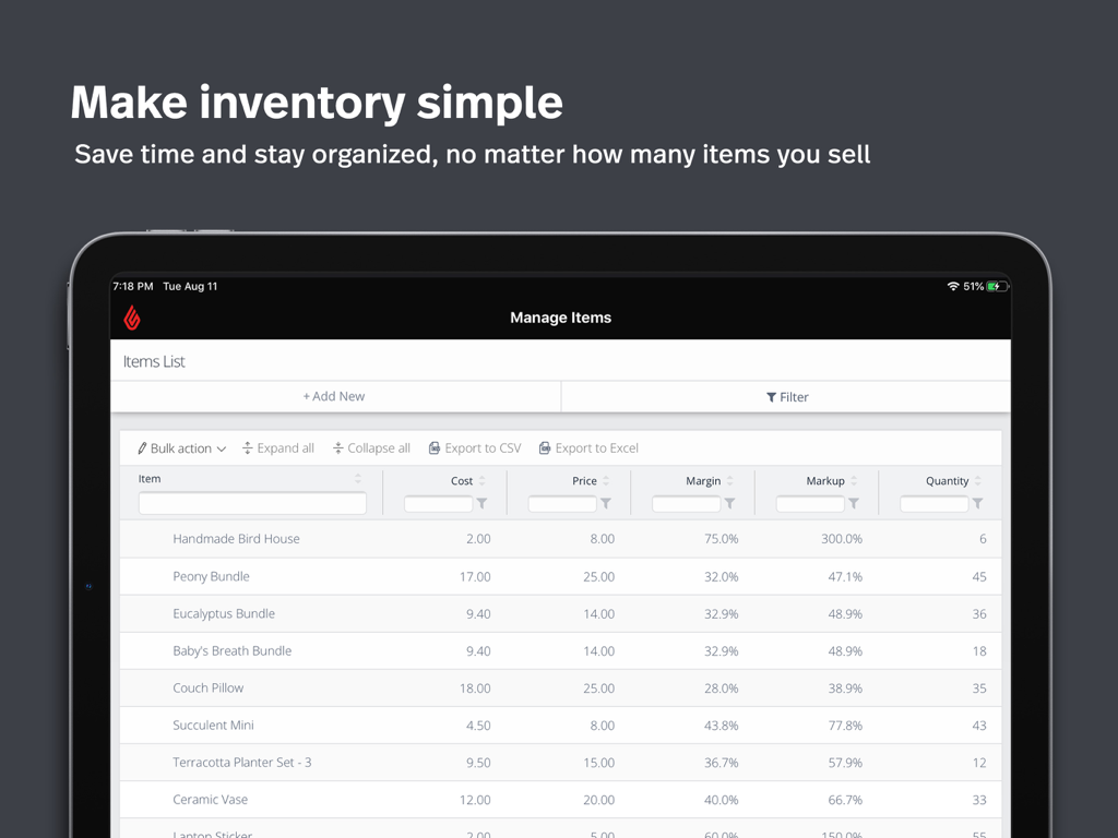 Lightspeed Retail POS (S) - Un iPad che visualizza la schermata di gestione dell'inventario di Lightspeed Retail POS con un elenco di prodotti e i loro dati di prezzo