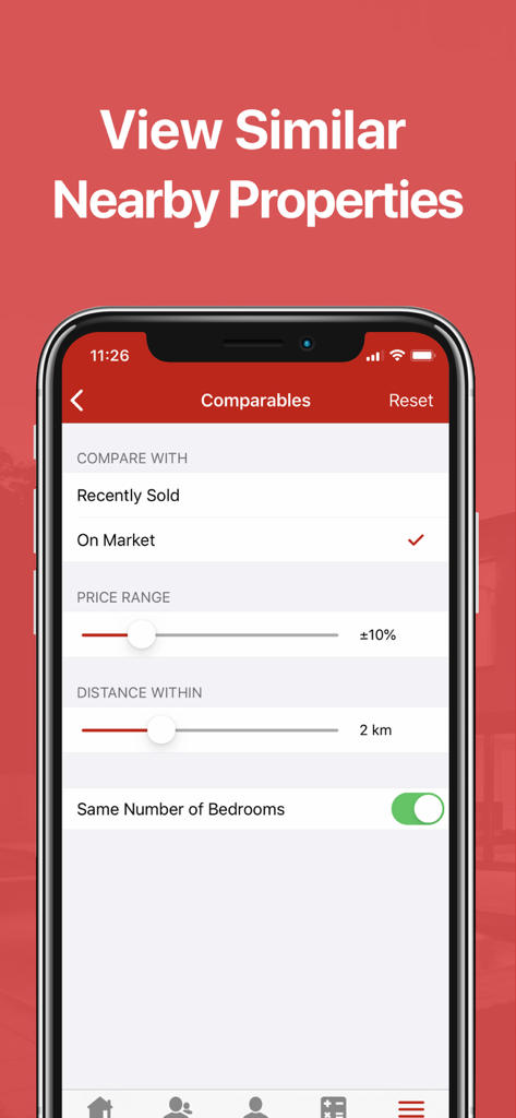 Screenshot of Prospects Mobile app showing the comparables feature to search for similar nearby properties with filters for price and distance