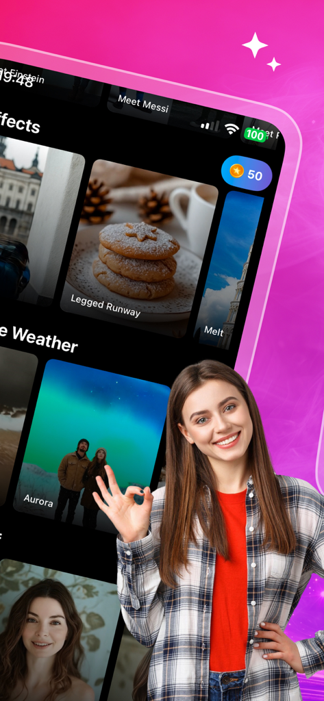 AI Video Edit Maker - Touchify - Interface of the Touchify AI Video Edit Maker app showing various creative animation templates like Aurora and Legged Runway with a smiling young woman making an OK sign.