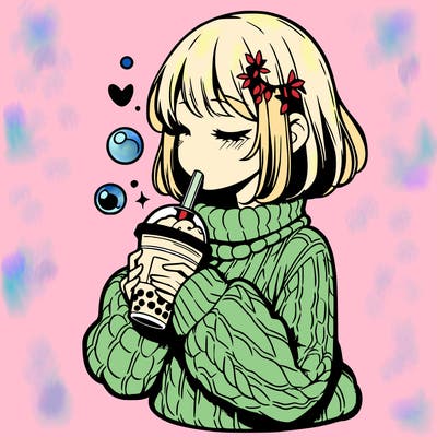 manga girl drinking boba in cozy sweater