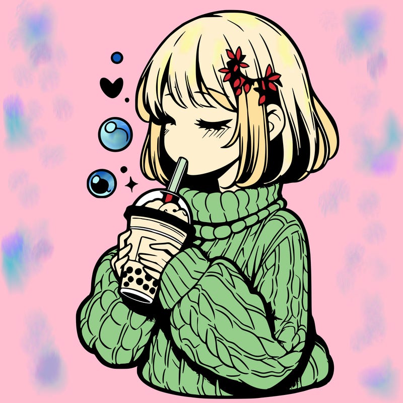 manga girl drinking boba in cozy sweater