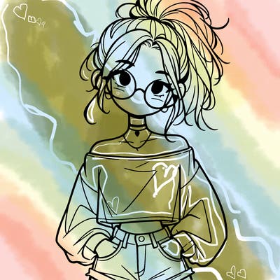 girl with a messy ponytail glasses a baggy crop top and jean shorts