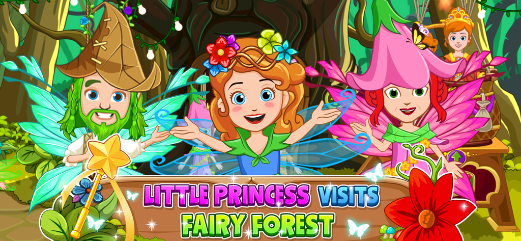 My Little Princess Fairy Game - リトルプリンセスと妖精のキャラクターたちが魔法の森のシーンに登場