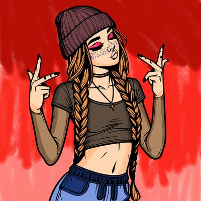 realistic teenage girl with braids and a beanie and crop top doing 🫶🏼