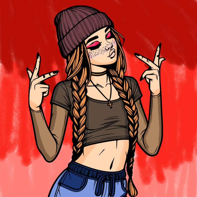 realistic teenage girl with braids and a beanie and crop top doing 🫶🏼