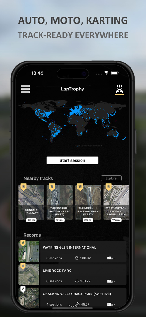 LapTrophy app screen showing a world map of racing tracks and a list of nearby circuits for auto and moto sports.