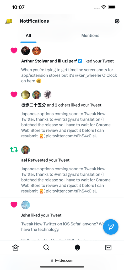 A minimalist Twitter notifications feed in mobile Safari using the Control Panel extension