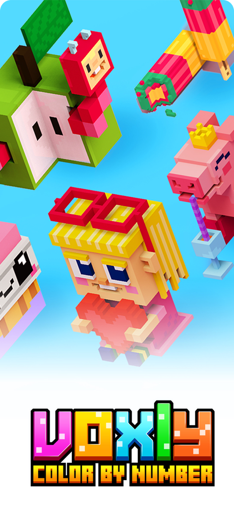 Voxly: Color By Number - Material promocional para Voxly Color By Number con varios personajes de arte voxel 3D como una niña y un cerdo