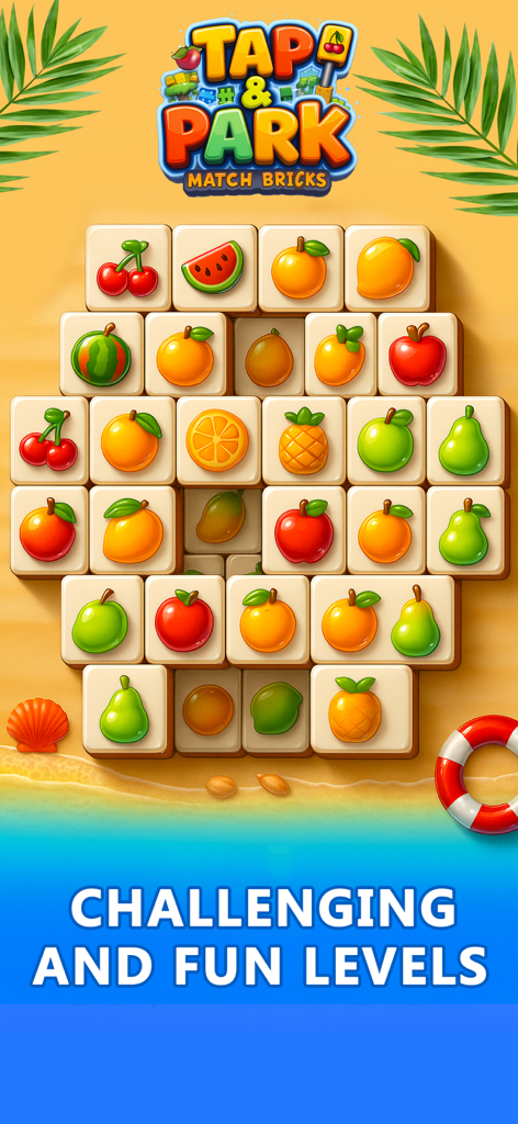 Gameplay of Tap and Park Tile Match Puzzle showing fruit tiles on a beach background
