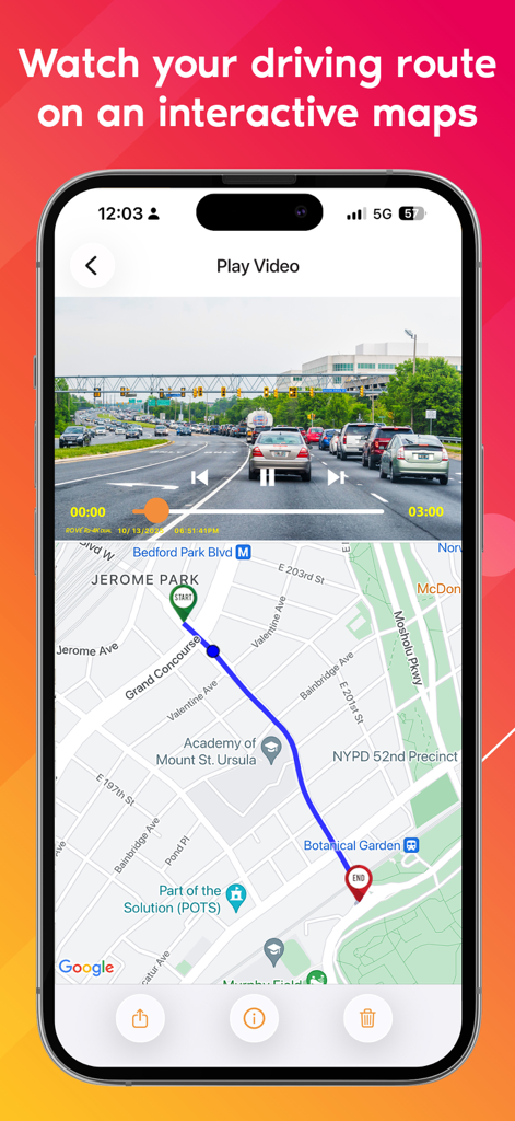 Rove Dash Cam - Rove Dash Cam app showing driving footage synced with an interactive GPS map route