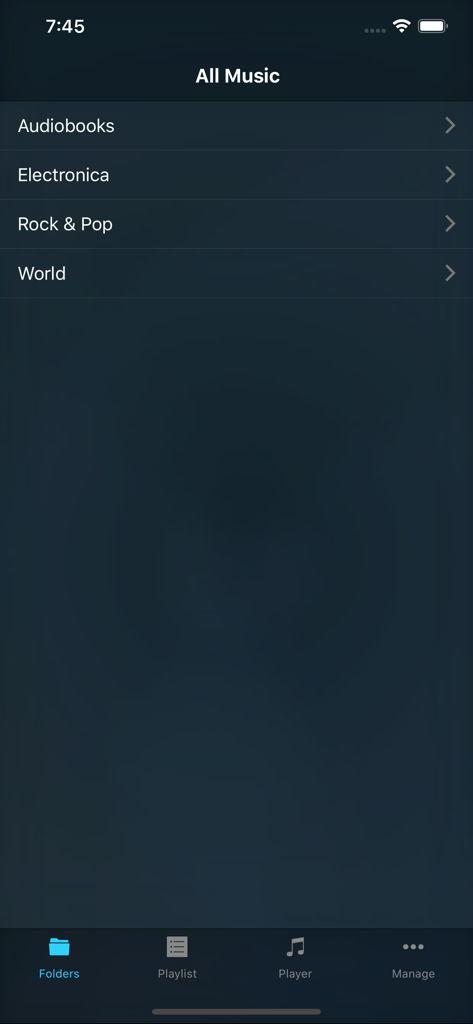 MusicFolder 2 app interface showing a list of music folders including Rock and Pop