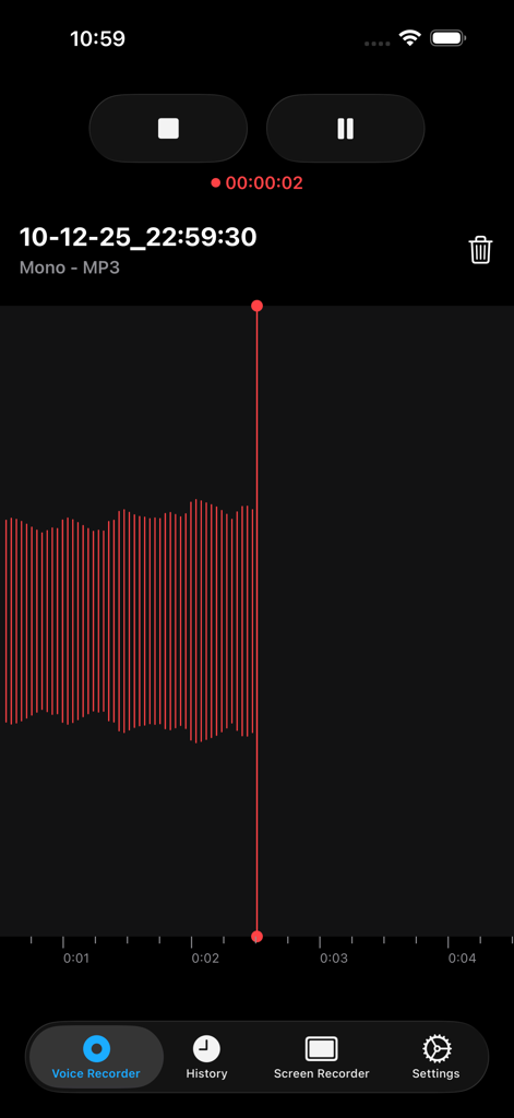 Interface of the Voice Recorder app showing an active audio recording with a red waveform and playback controls