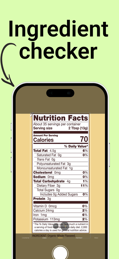 Ingredient Checker app interface showing a phone scanning a nutrition facts label on a food package