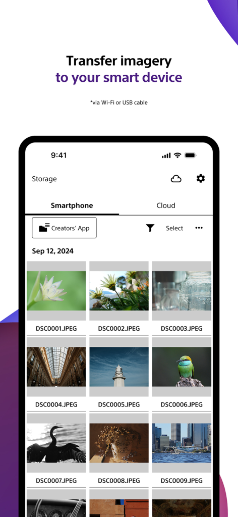 Sony Creators App screen showing photo transfer from camera to smartphone