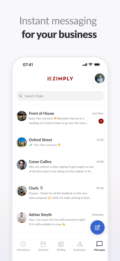 MyZimply from Bizimply - Interface of MyZimply app showing instant messaging for team communication and shift coordination